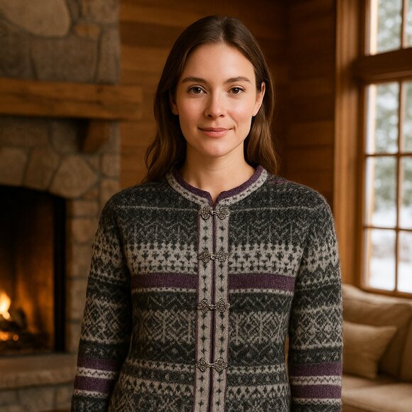 Telluride Clothing Co. 100% Wool Fair Isle Sweater Cardigan – Purple & Gray – XL - Picture 1 of 9
